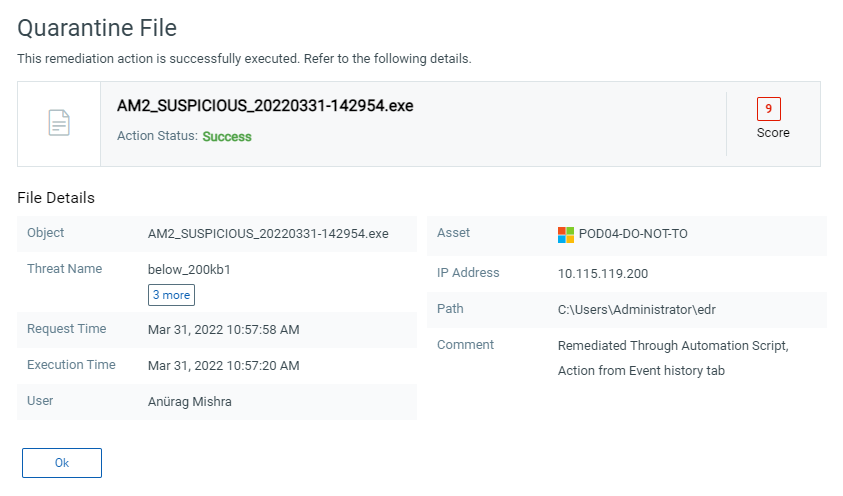 Action Details of the Quarantine Asset.